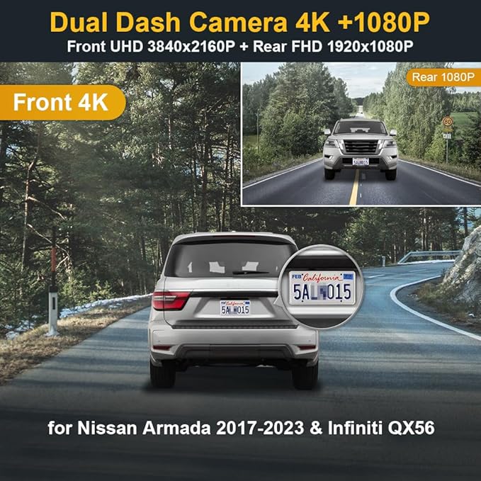 Fitcamx Front 4K+Rear 1080P Dash Cam Adapts for Nissan Armada 2017-2023 & Infiniti QX56 (Has Auto Dimming), OEM Look, Dual HD Video, WiFi & APP, Loop Recording, G-Sensor, Easy to Use, 128GB Card