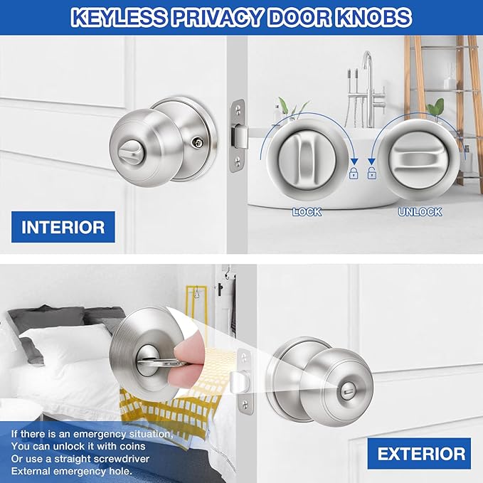Plustool 5 Pack Brushed Nickel Door Knobs,Privacy Door Knob with Lock, Interior Doorknobs Silver, Keyless Door Locks Set for Bedrooms Bathrooms, Reversible for Left/Right Door Handle