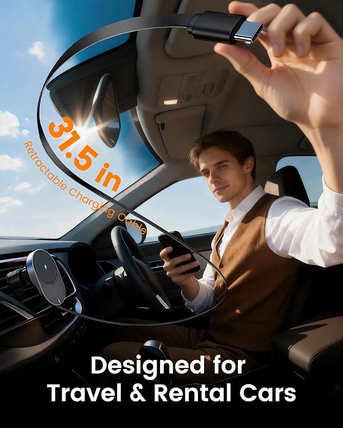 for MagSafe Car Mount Charger, 15W Fast Wireless Cars Charger with Retractable Charging Cable, Magnetic Car Phone Holder for iPhone 17/16/15/14/13/12 Series (Plus & Mini) (Black)