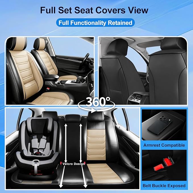 Fit Accord Car Seat Covers for Select Honda Accord 2012-2026 - Premium Full Coverage Leather, Airbag Compatible, Waterproof & All Weather Seat Protector, Front Pair Black+Beige