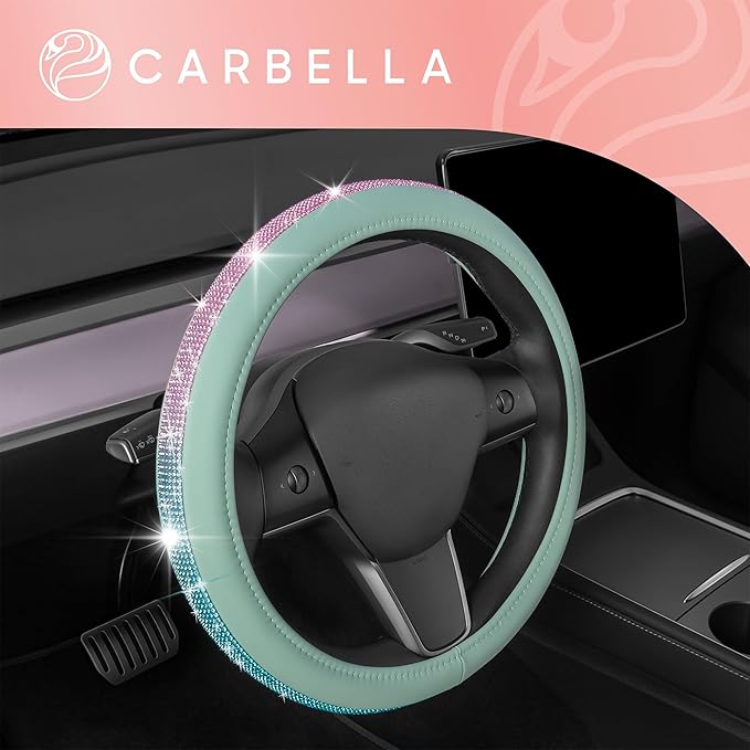 Carbella Mint Green Diamond Bling Steering Wheel Cover, Standard 15 Inch Size Fits Most Vehicles, Cute Faux Leather Car Steering Cover with Rhinestone Crystal, Car Accessories for Women