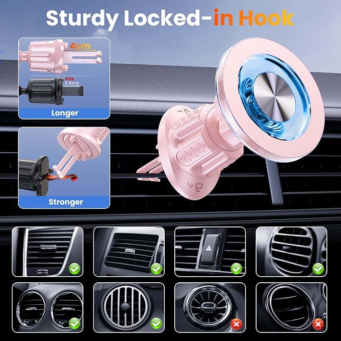 for MagSafe Car Mount Magnetic Phone Holder for Car [2026 Upgraded 22X Magnets & Double-Hooks] Phone Holders for Your Car Stand for Dashboard Vent GPS for iPhone 17/16/15/14/13 Android-Pink