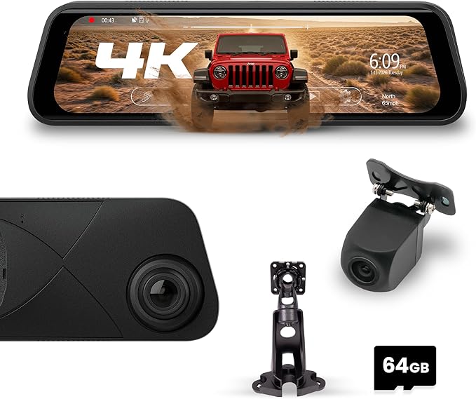 Stinger Jeep Gladiator (2020+) 9.66” 4K UHD Touchscreen Digital Rear View Mirror Monitor & 4K Front Dashcam, 2K Back Up Camera, Anti-Glare Night Vision, Built-in DVR w/ 64GB SD Card, Impact Detection