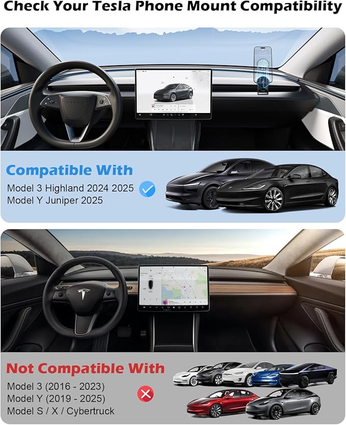 CloudValley Magnetic Qi2 15W Wireless Charger Phone Mount for Tesla Model 3 Highland Model Y Juniper, Strong Grip, 360° Adjustable, Dashboard Car Charger Holder 2025, Design for iPhone MagSafe 17-12