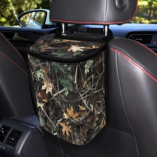 Camo Maple Leaf Car Trash Can Auto Garbage Bag with Lid Leak-Proof Car Storage Bag Garbage Bag Hanging for Headrest Portable Vehicle Backseat Organizer