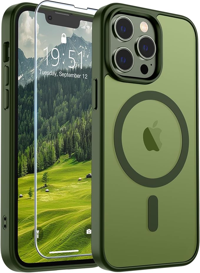 SUPFINE Magnetic for iPhone 13 Pro Max Case (Compatible with MagSafe) (Military Grade Drop Protection) Slim Translucent Matte Shockproof with Anti-Fingerprint Phone Case,Cangling Green