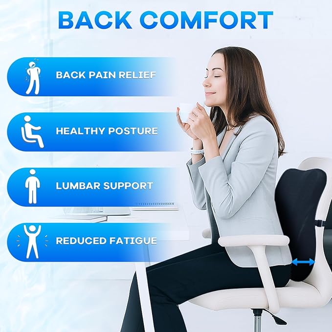 Memory Foam Seat Cushion & Plush Velvet Lumbar Support Pillow Set, Comfort Computer Chair Cushions for Tailbone & Back Pain Relief, Ergonomic Office Chair Cushion for Car, Home, Wheelchair (Black)