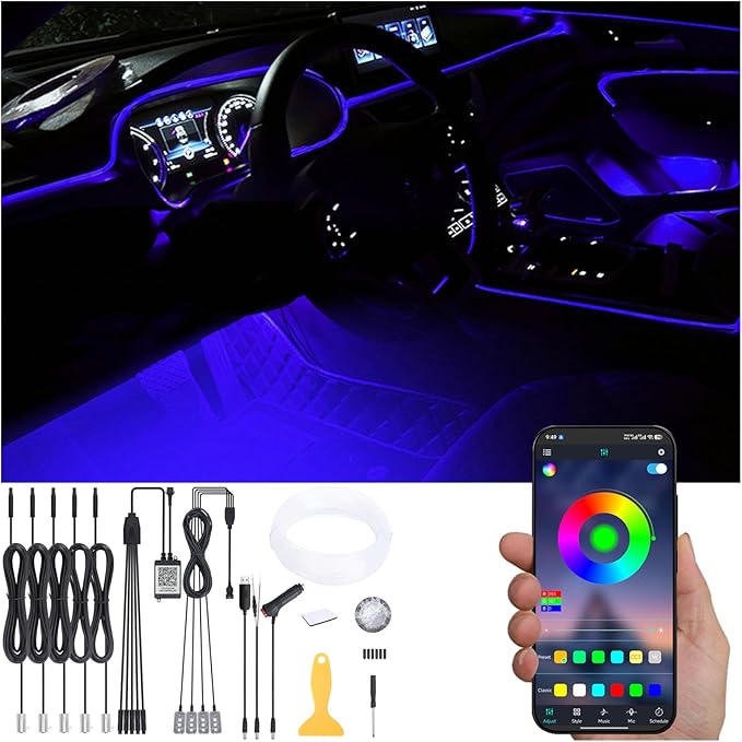 Car Ambient Footwell Lighting Optic Fiber 64 Colors Music Sound Active with APP Control Car Decorative Atmosphere Lighting Kit DC 12V 1W 6m