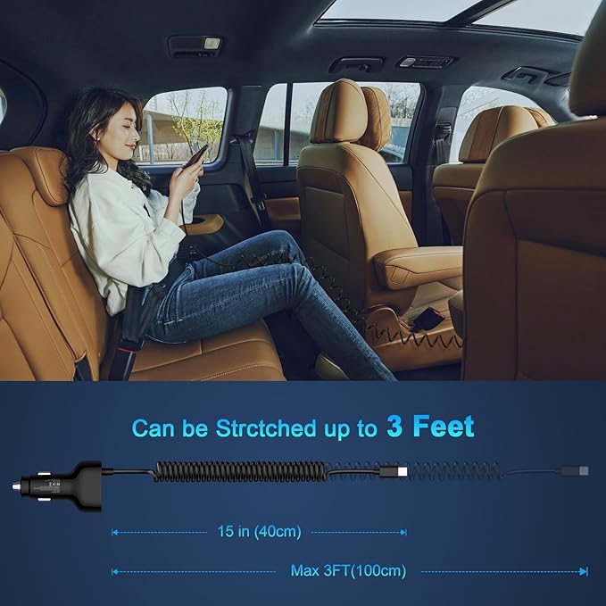 USB C Car Charger 60W Super Fast Car Phone Charger Adapter with 3ft 30W Type-C Coiled Cable for Samsung Galaxy S25 Edge/S25 Ultra/S24/S23/S22/S21/A16/A17/iPhone 17/16e/16 Pro/Pixel 10/9/8