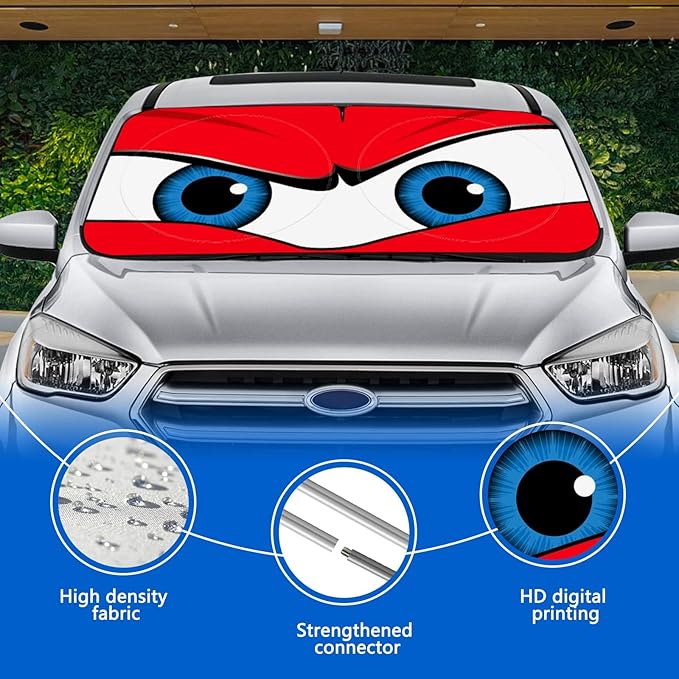 Car Windshield Sun Shade, Funny Eyes Visor for Car Windshield, Wear-Resistant Black Tape, Foldable 59‘’x27.5‘’/63''x31.5''