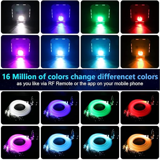 AMKI High Brightness 32W Twinkle 1000pcs Fiber Optic Starlight Headliner Kit 0.03in 16.4ft Fiber Strands RGBW Sound Activated APP Remote Control for Car Home Roof Ceiling Decoration