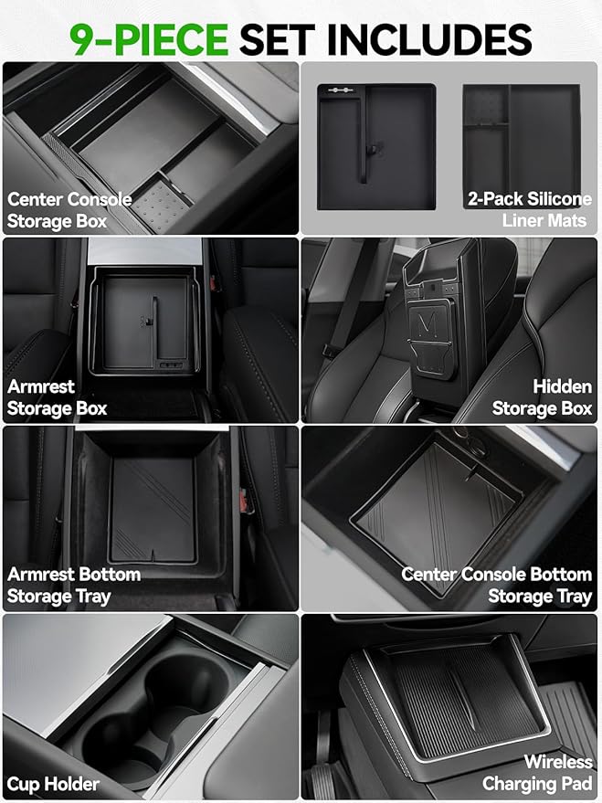 9PCS Center Console Organizer Tray for 2024 2025 2026 Tesla Model 3 Accessories, Armrest Hidden Storage Box Cup Holder Charger Pad for Tesla Model 3 Highland