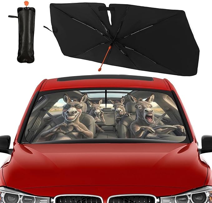 Socira Funny Donkey Car Windshield Sun Shade Umbrella Foldable Sunshade for Front Window Auto Windshield Sunshade Covers Car Accessories Protect from Sun Rays Heat Gifts 57'' X 30''
