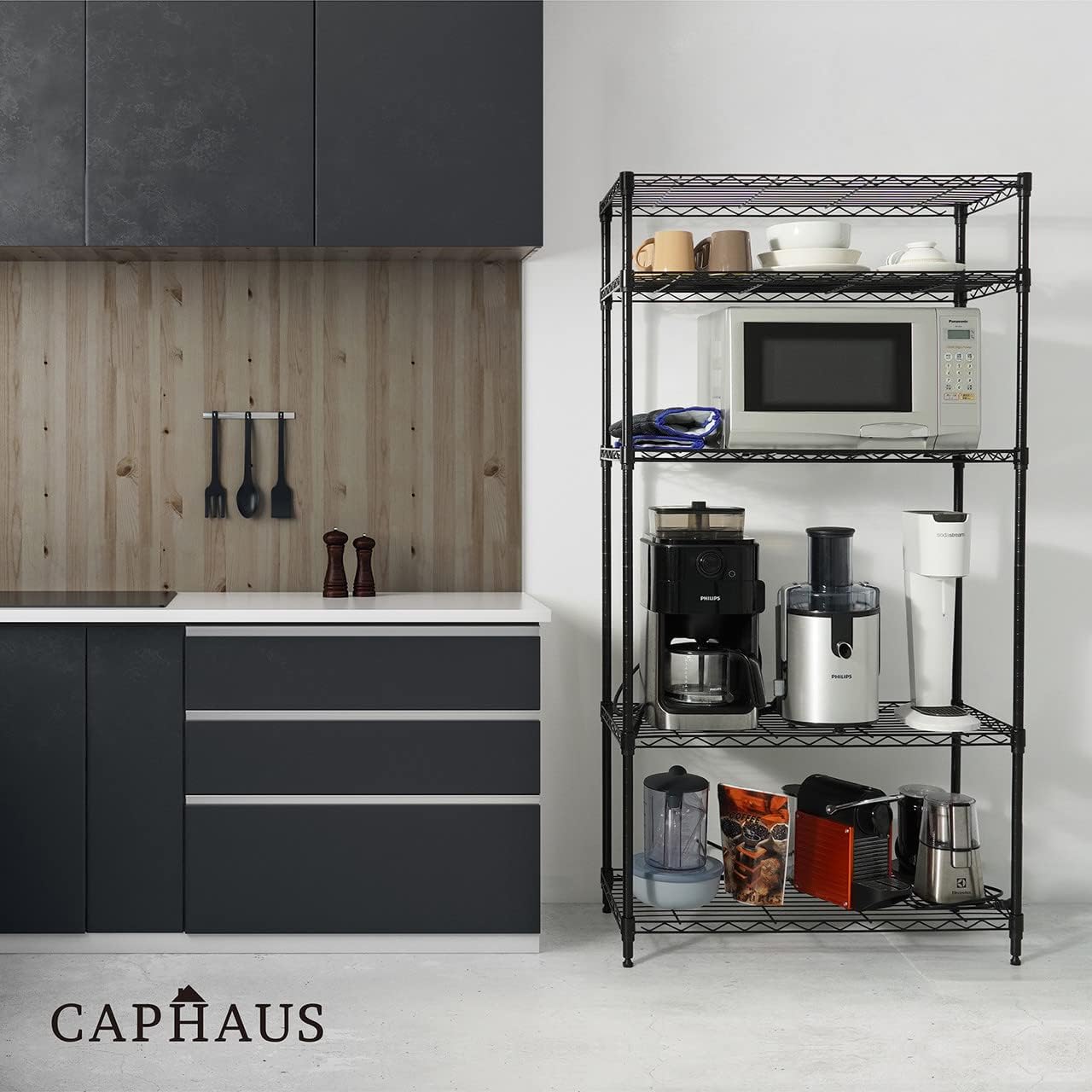 CAPHAUS NSF Adjustable Height Wire Shelving Unit w/Liner, Basement Storage Shelving, Metal Steel Storage Shelves, Garage Shelving Storage Organizer, Utility Shelf, 4-Tier No Wheels W/Liners, Black