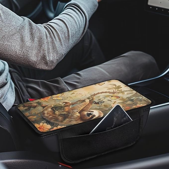 Butterfly Sloth Floral Print Car Center Console Cover Waterproof Automobile Armrest Covers Scratch-Resistant Car Armrest Cover Cushion Car Armrest Storage Box Mat Car Armrest Cover Cushion