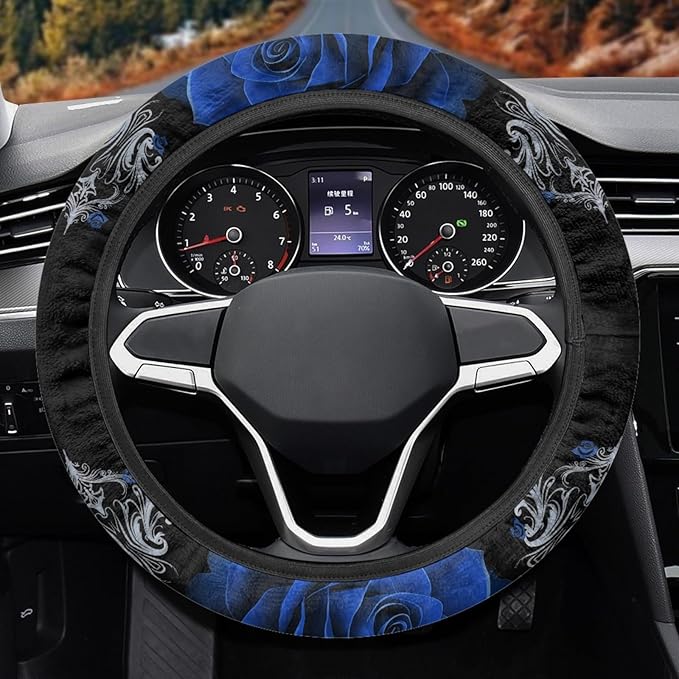 AFPANQZ Car Steering Wheel Covers Universal 15 inch Fit Almost Car Blue Rose Steering Wheel Covers Comfortable Soft Sweat Absorbing Steering Wheel Stretch-on Protector Cover Auto Decoration