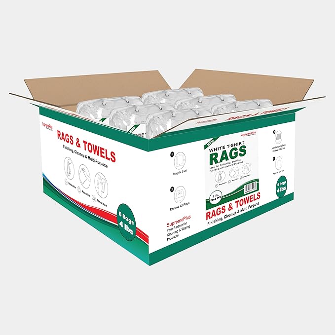 Premium New White Cotton Knit T-Shirt Rags (4 lbs. Bag - Pack of 6) - Lint-Free, Soft & Absorbent Cleaning Cloths for Auto, Paint, Garage, Staining & Polishing