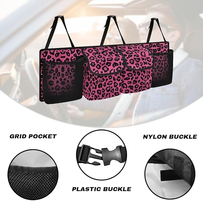 Trendy Car Trunk Organizer Pink Leopard Print Sturdy Back Seat Car Organizer for Women Girls Trunk Storage Bag with Extra Storage Space for SUVs,Trucks,Vans