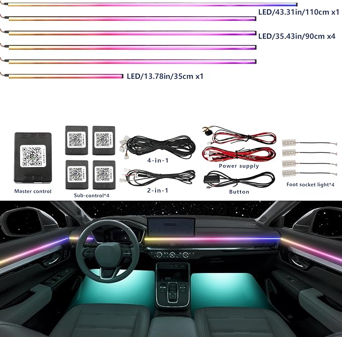 Acrylic Interior LED Ambient Light, Ten in One Ambient Lighting Kit, Ambient Lighting Car Interior， Suitable for Dynamic Car Chase, Music Synchronization, Neon Atmosphere Lighting Kit