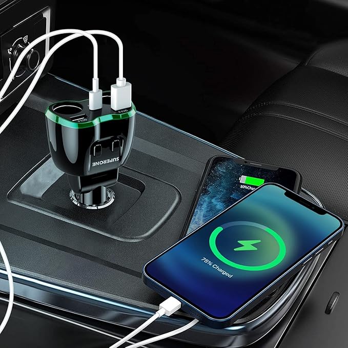 [2025 Upgraded] Cigarette Lighter Splitter, SUPERONE 180W 2-Socket Cigarette Lighter Adapter with Dual QC3.0 and 20W PD USB C Car Charger Splitter for GPS/Dash Cam/Laptop/iPad/iPhone 17/16/15/14/13/12