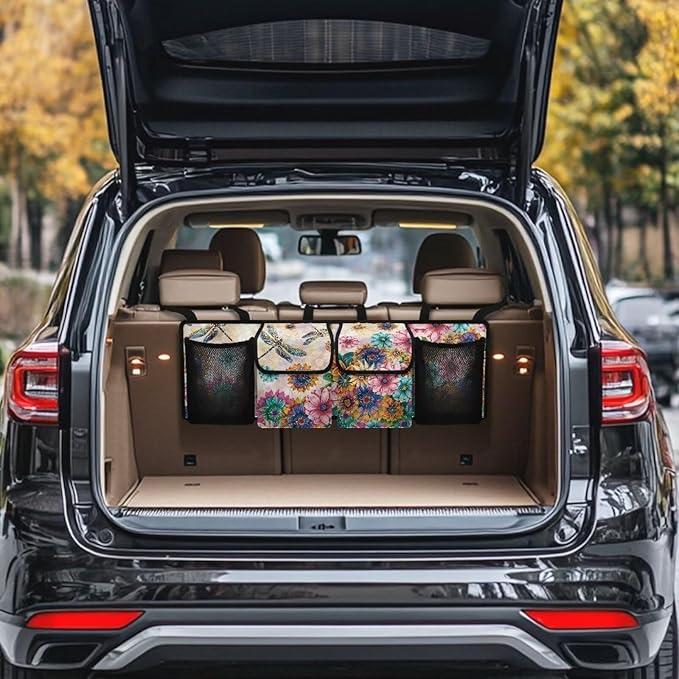 Dragonfly Car Trunk Organizer for Women Lady Boho Floral Blossoms Waterproof Hanging Car Storage Organizer Trunk Storage Bag