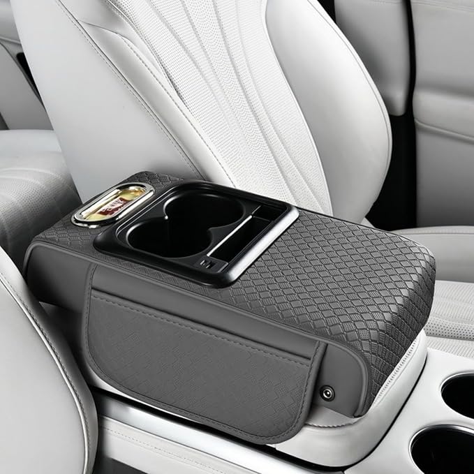 2026 Upgraded Car Center Console Cushion with 30w USB& Type-C Charging Ports, Leather Car Armrest Pad Cover, Interior Accessories for Most Vehicles (Classic Flat Version, Grey)