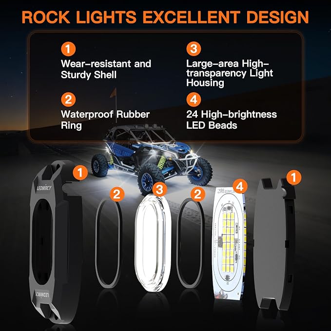 White Rock Lights,LEDMIRCY R6 LED Pure White Rock Lights 16PCS with Rocker Switch Wire Harness Kit Super Brigh Luces para Carro for Trucks UTV Off Road Boat ATV High Power Light Waterproof Shockproof