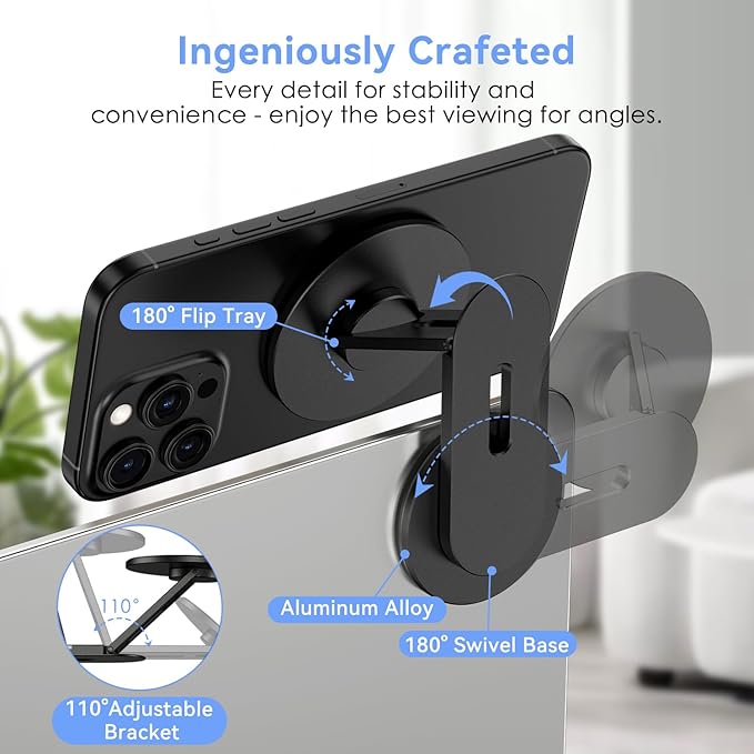 CloudValley Magnetic Laptop Phone Holder, 360° Rotating Mount Compatible with iPhone MagSafe and All Phones, MacBook, PC Monitor, Screen Stand for Tesla, Portable Accessory, Black