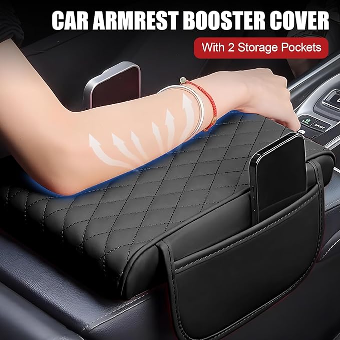 Car Center Console Armrest Pillow with 2 Storage Pockets, Memory Foam Car Armrest Cushion, Leather Car Center Console Cover for Most Vehicle (Black-Upgraded Thickened)