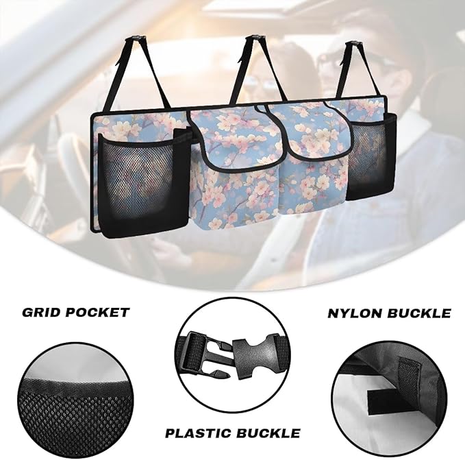 Peach Flower Car Trunk Organizer Foldable Capacity Storage Bag Car Back Seat Storage Bag Hanging Auto Interior Accessories for SUVs Sedans Trucks Jeeps