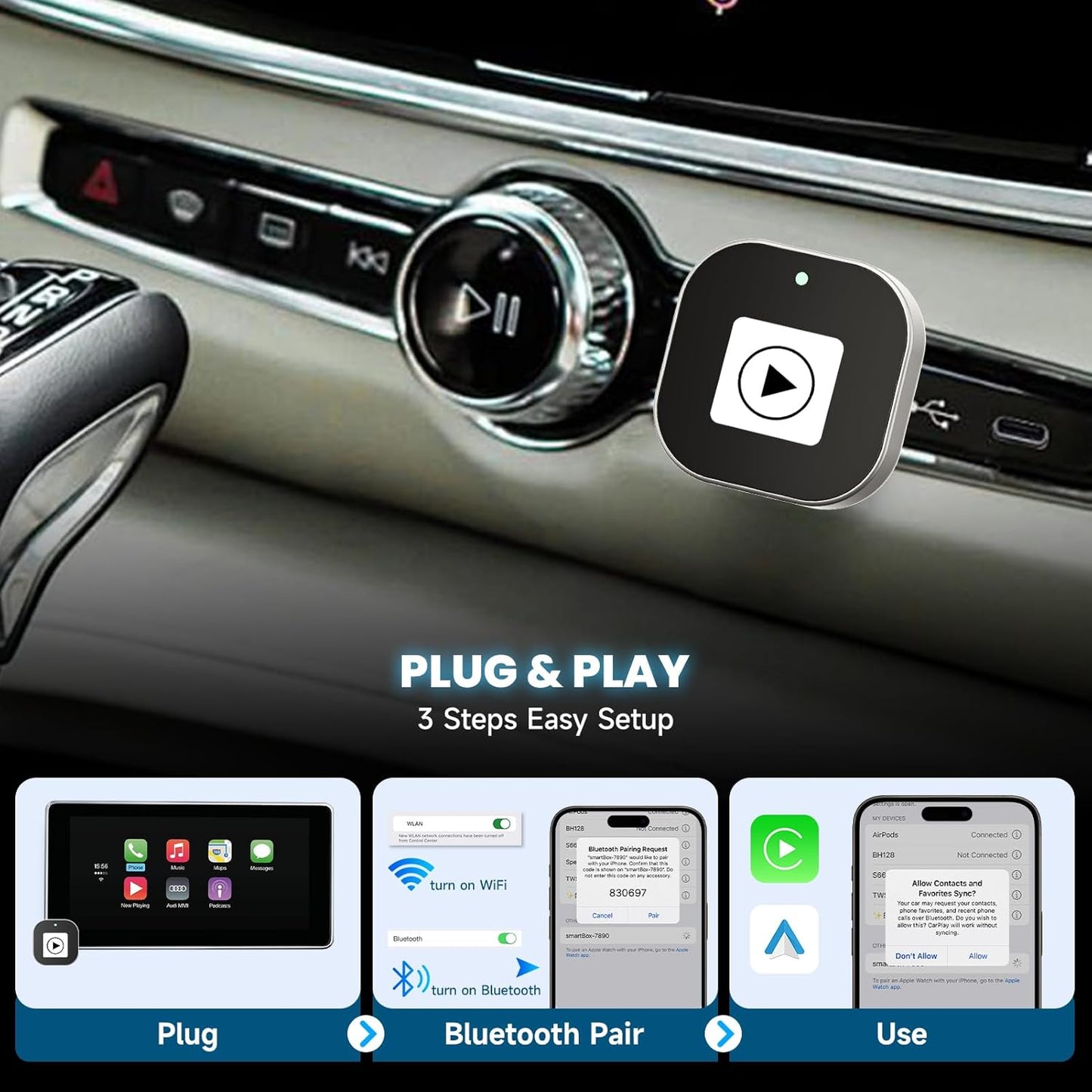 Spedal CL322 Wireless CarPlay & Android Auto Adapter – 2025 Upgrade Mini Design - Converts OEM Wired to Wireless, Plug & Play, Auto Reconnect, Compatible with iPhone 6+, Android 11+ (2016+ Cars)