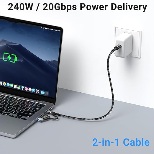 2-in-1 Android Auto USB C Cable 1.5ft[2Pack], USB-C 240W Fast Charging 10Gbps Superspeed Data Transfer Cable, Compatible with iPhone 16 15 Pro Max, Galaxy S23, Pixel 9 Pro XL