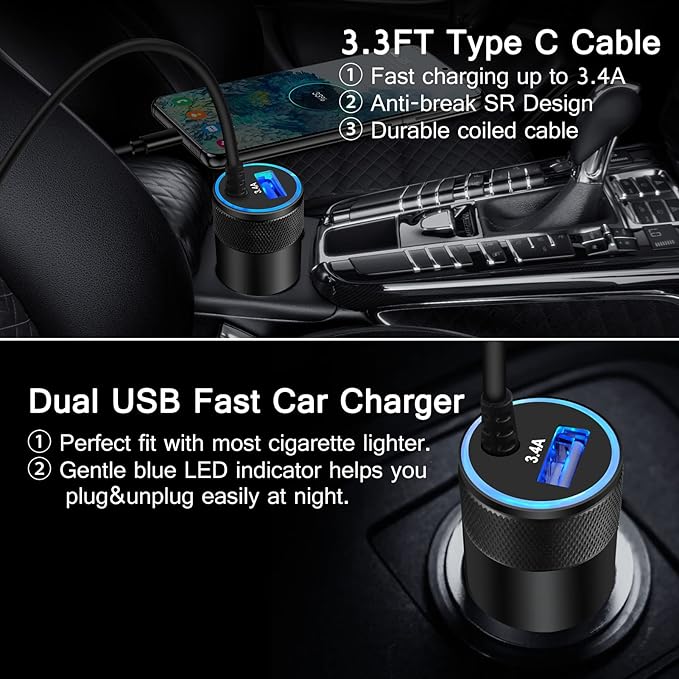 Type C Fast Car Charger for Samsung Galaxy A17/A16/A15/A14/5G/S26/S25/A56/A35/A55/A54/A13/S24 FE/S24/S23 Ultra/A53, iPhone 17e 16e, 3.4A Fast Charging Android Phone Car Charger Adapter 3FT USB C Cable