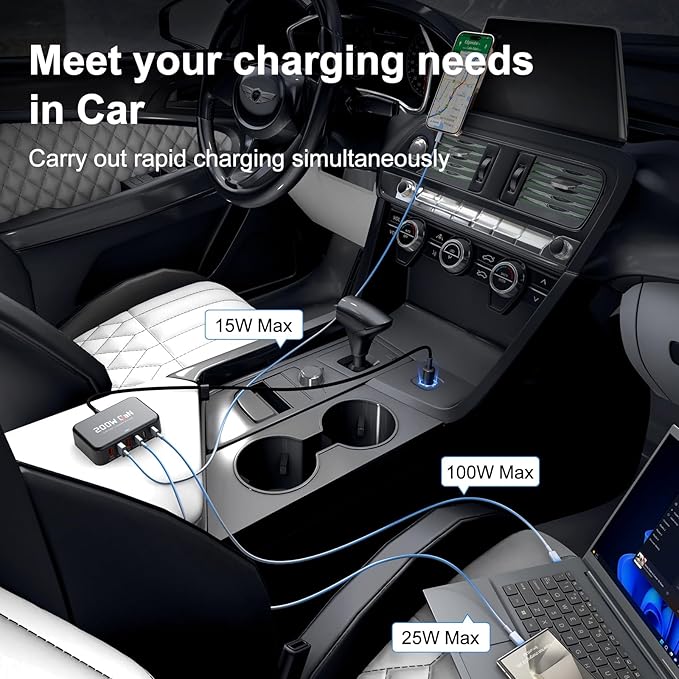 Dzytnsy 200W Car Fast Charging Station,6 Ports, Compatible with MacBook pro/Air/M5 M4 M3 M2 M1/Dell/Lenovo/HP,for iPhone 17/16/15 Series,Samsung Galaxy S26/S25 Ultra/S24 Series and More
