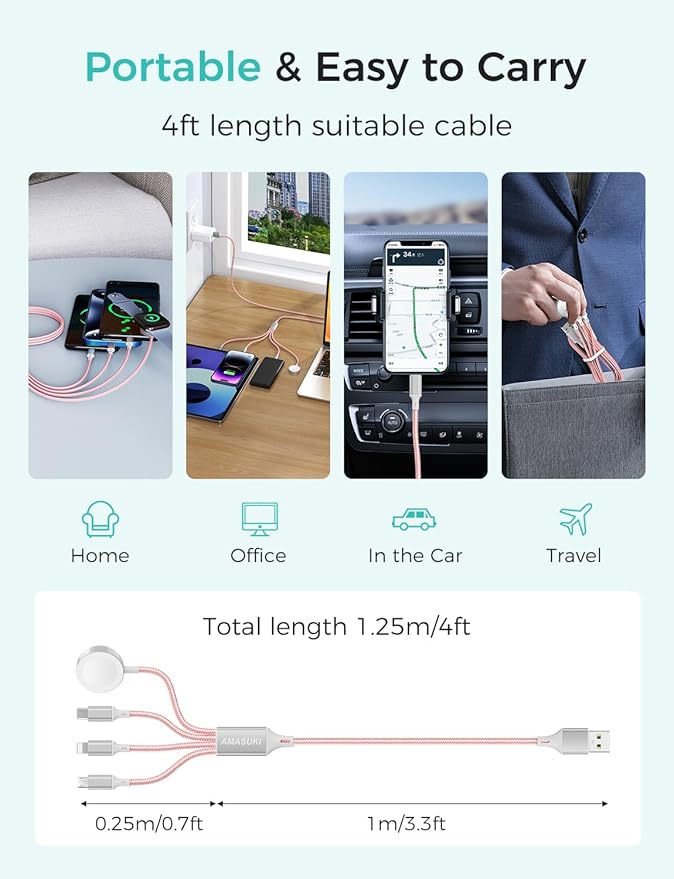 Amasuki Travel Essentials,4 in 1 for Apple Watch Charger/iPhone Charger/Multi Charging Cable,Vacation RV Camping Essentials,USB C/L/Micro Portable Charger for iWatch 11-1/iPhone 17-12,Car&Gift-Pink