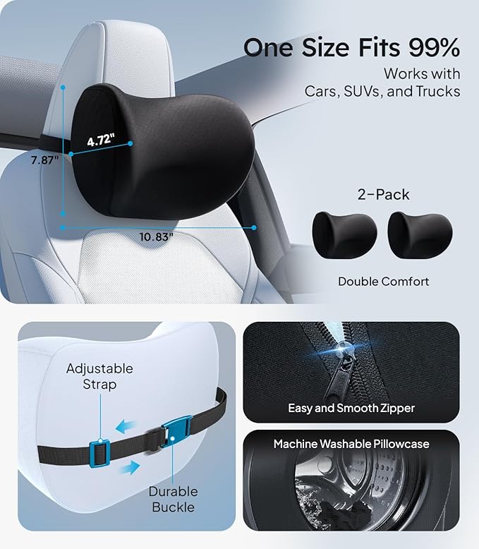Wigoo 2026 Car Neck Pillow [No More Pressure, Odorless] Soft Car Headrest Pillow with Adjustable Strap Removable Cover 100% Memory Foam, Fits All Vehicles (Black 2-Pack)