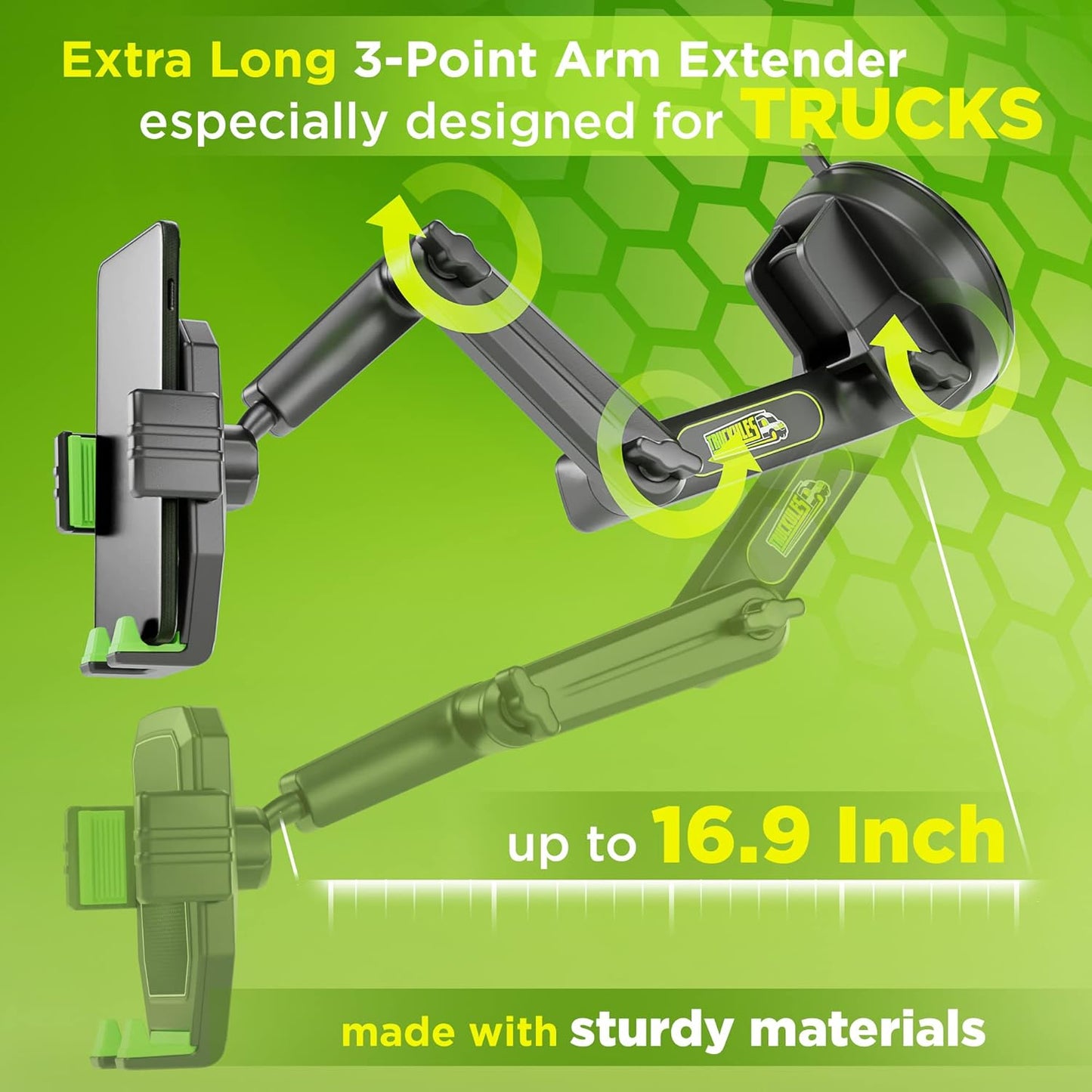Phone Mount for Truck Phone Holder for Truck - Heavy Duty Super Suction Cup, Mobile Device Holder Dashboard Window 16.9 inch Long Arm & Stable, iPhone & Samsung Compatible, Semi Trucker, Green