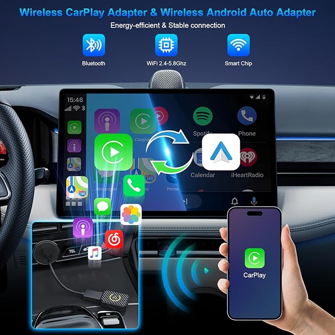 Mini Wireless Adapter for Carplay/Android Auto, Fastest for Converts Factory Wired to Wireless Carplay Adapter for OEM Cars from 2016,Plug & Play,Mini Size Car Play Dongle for iOS 10+/Android 11+
