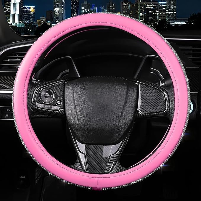 Bling Diamond Leather Steering Wheel Cover for Women Girls with Crystal Rhinestones, Universal Fit 14.5-15 Inch Car Steering Wheel Cover Accessories