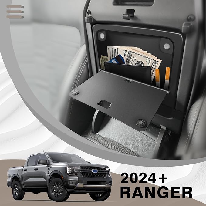 Muslogy Center Console Organizer Two-Layer & Hidden Box Magnet Opening Design Compatible with Ford Ranger 2024 2025 2026 & Raptor Accessories Secret Organizer Insert Tray Divider Storage Box