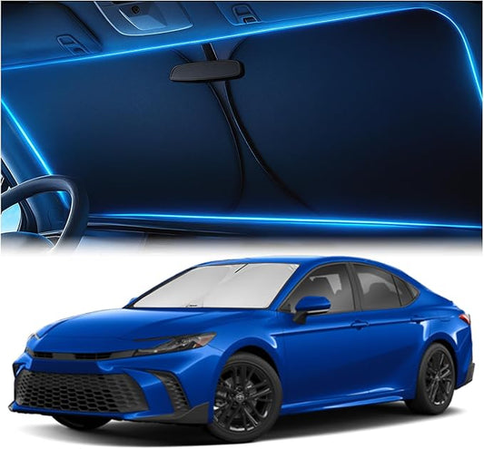 Windshield Sunshade for Toyota Camry 2025-2026 LE/XLE/SE/XSE/Hybrid - Innovative No-Light-Pass Technology, Mirror Cut-Out, Blocks 99% UV Rays, Fade-Resistant, Easy-Fold Camry Windshield Sun Shade