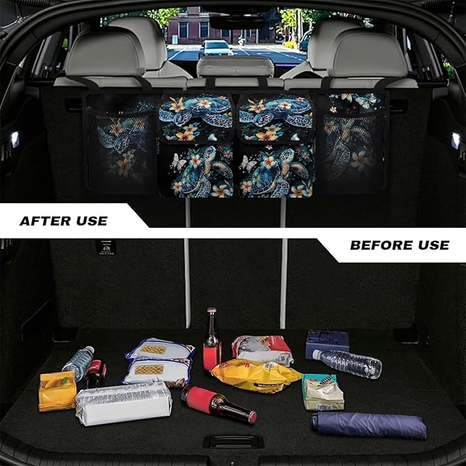 Waterproof Car Trunk Organizer Plumeria Turtles with 4 Compartments Auto Hanging Seat Back Storage Large Capacity Multipurpose Cargo Accessory