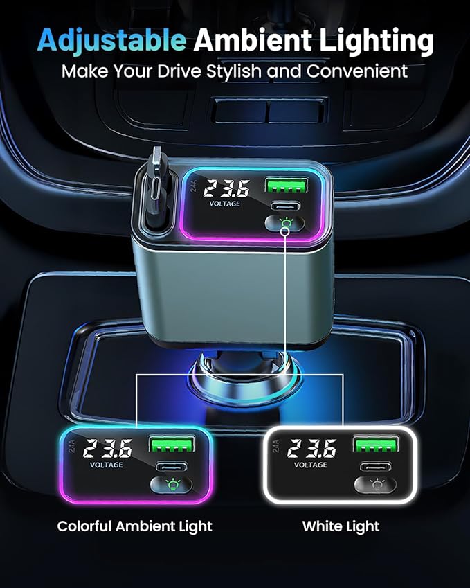 [2 Pack] 4 in 1 Retractable Car Charger with RGB Light, 92W Fast Charging USB C Car Adapter, Compact Car Phone Charger for iPhone/Galaxy/Pixel, Car Accessories for Women Men (Lightning + Type C Cable)