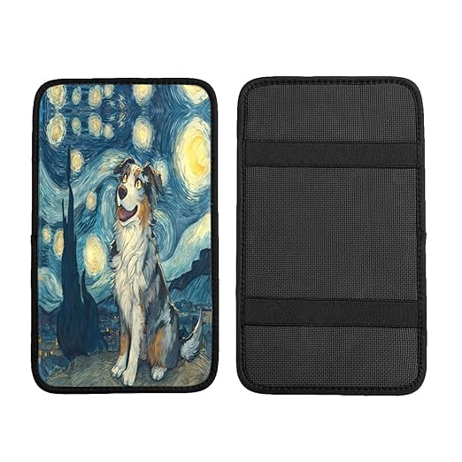 Starry Night Cute Blue and Brown Dog Car Auto Armrest Cushion Cover Accessories Center Console Seat Box Pad Protector Universal Decoration for Most Vehicle SUV Truck