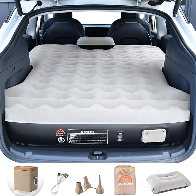 Coverado Tesla Model Y Air Mattress, One Click Self Inflating Tesla Y Sleeping Pad, Wireless Pump & Light Function, 4.5" Thick Comfort Flocking Model Y Air Bed, Tesla Model Y Mattress Fit 2020-2026