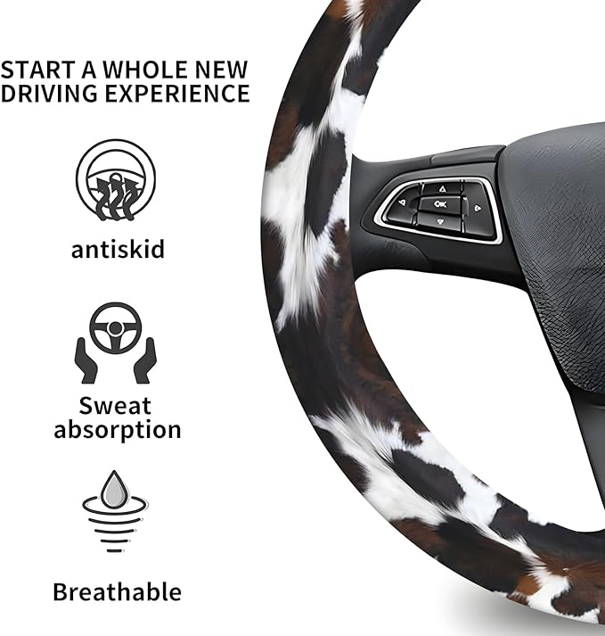 Elastic Car Steering Wheel Cover, Universal 19 inch Non-Slip Breathable Neoprene Steering Wheel Protector, Car Accessories for Women Men Fit Auto, Suvs, Truck Trendy Cow Spots