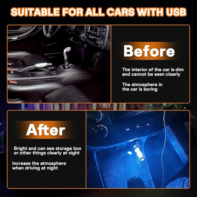 2PCS USB LED Lights for Car Interior, Mini Ambient Lighting Car Interior Lights, Touch Control Car USB Light, Decorative Night Light for Vehicle Bedroom Camping(Blue)