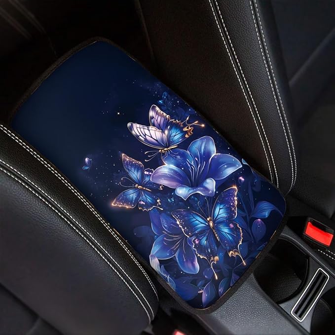 Blue Purple Butterfly Car Armrest Storage Box Mat Car Center Console Cover Car Armrest Seat Box Cover for Most Vehicle, SUV, Truck Car Decors