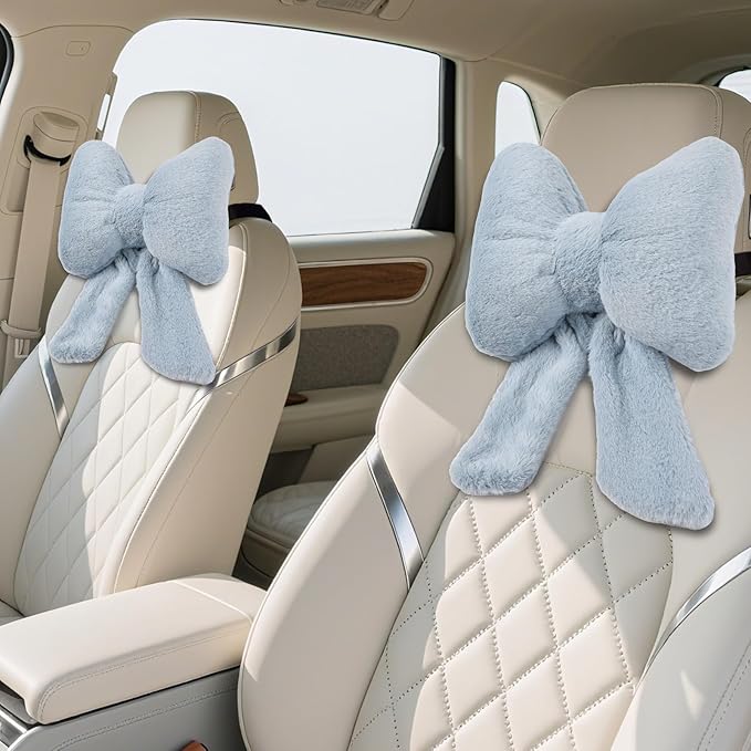 Bow Car Headrest Pillows Plush Car Neck Pillows for Travel Driving Office Chair Head Support Cushions, Also Cute Car Decor Accessories (2PCS Blue)