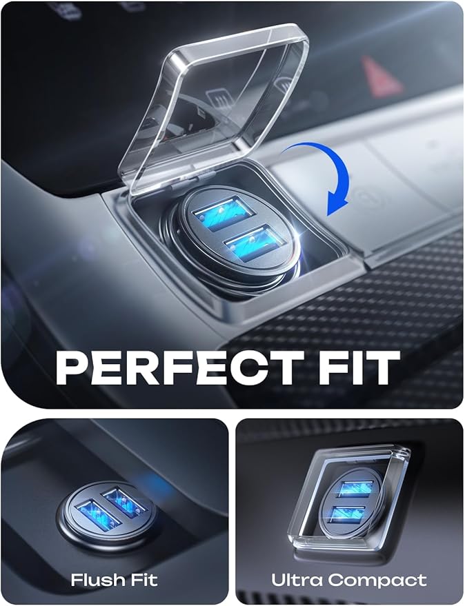 AINOPE Car Charger Adapter【Smallest Metal】 4.8A Cigarette Lighter USB Car Charger Adapter Dual Port 12V USB Outlet Flush Fit for iPhone 16 Pro Max/15/14 iPad Air Samsung Galaxy S25 S24 Ultra,Black